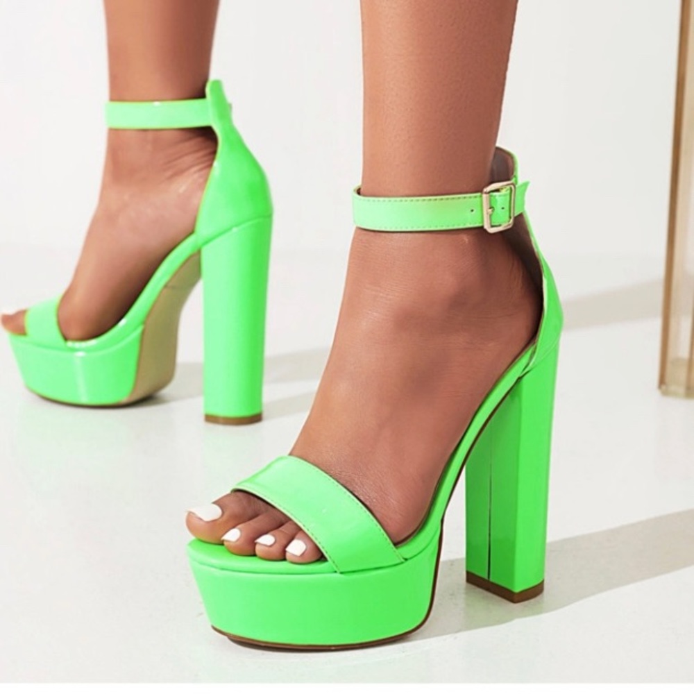 Neon Green Heels Platform Chunky High Heels Ankle Strap Sandals Up2Step, size 8